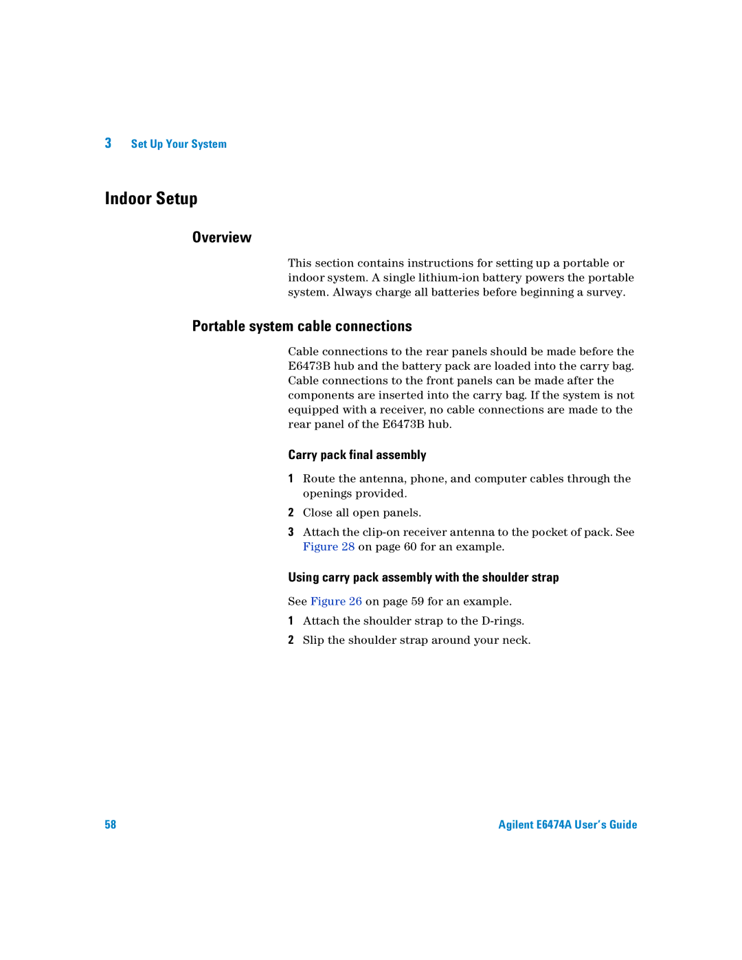 Agilent Technologies Agilent E6474A manual Indoor Setup, Portable system cable connections, Carry pack final assembly 