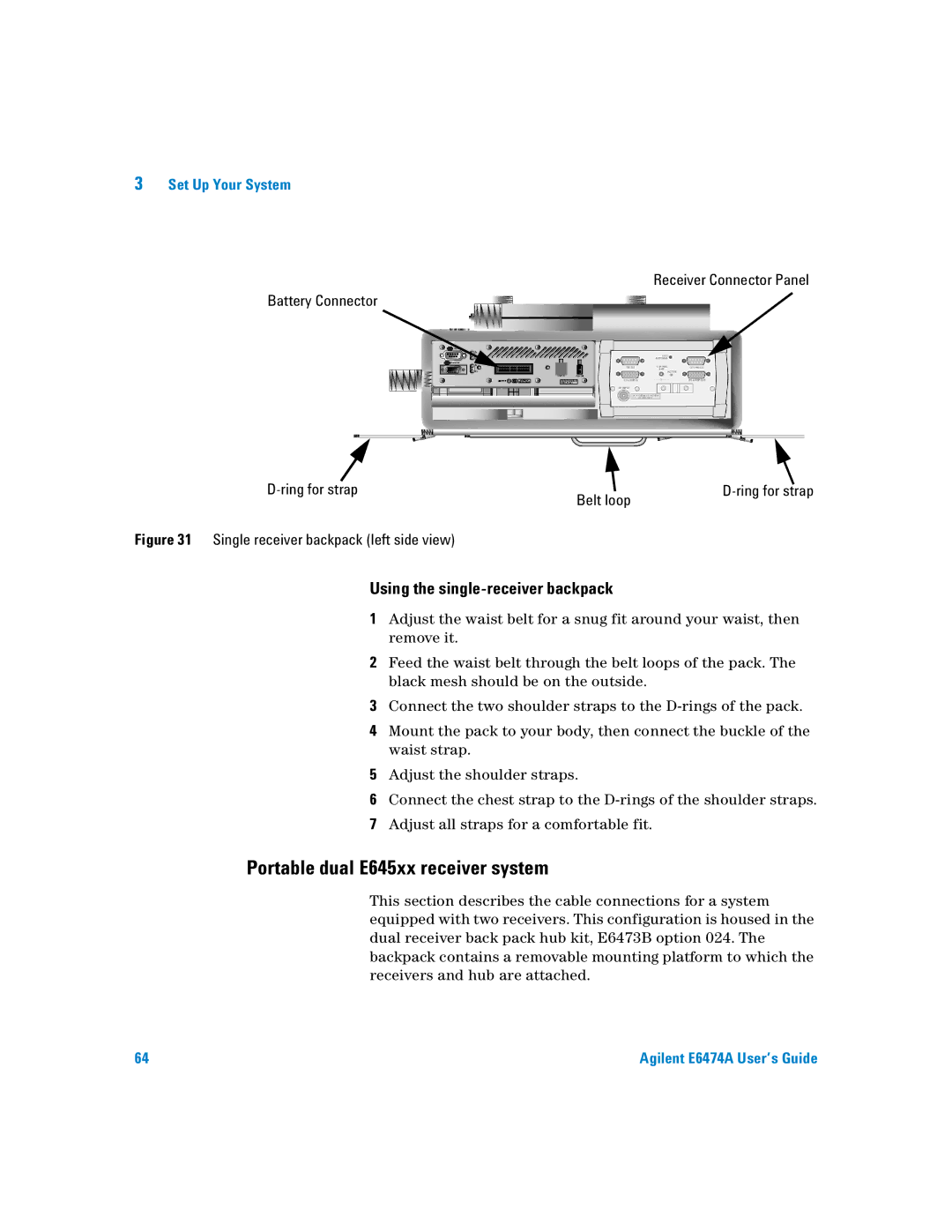 Agilent Technologies Agilent E6474A manual Portable dual E645xx receiver system, Using the single-receiver backpack 