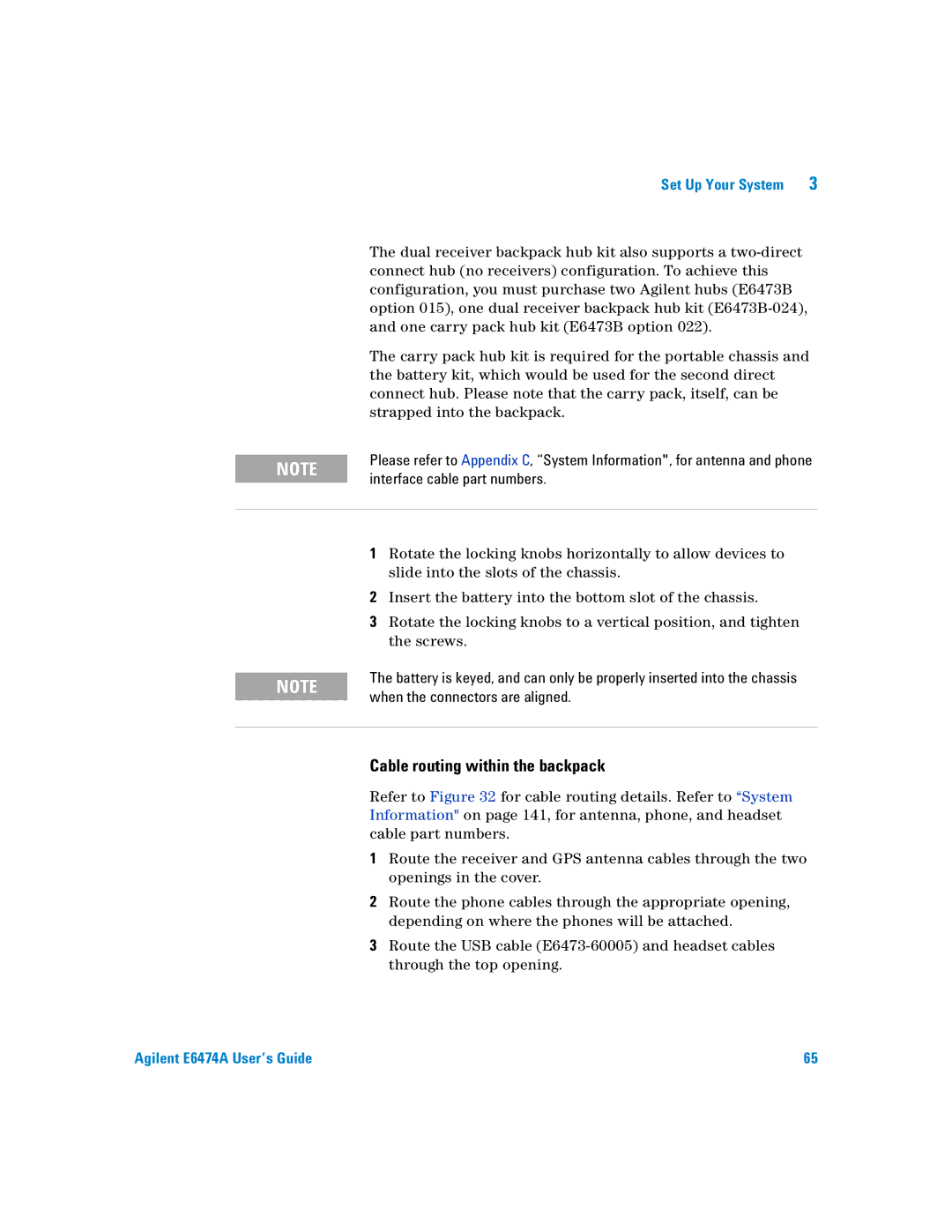 Agilent Technologies Agilent E6474A manual Cable routing within the backpack 