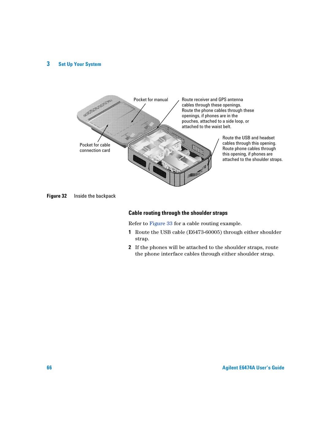 Agilent Technologies Agilent E6474A manual Cable routing through the shoulder straps, Inside the backpack 