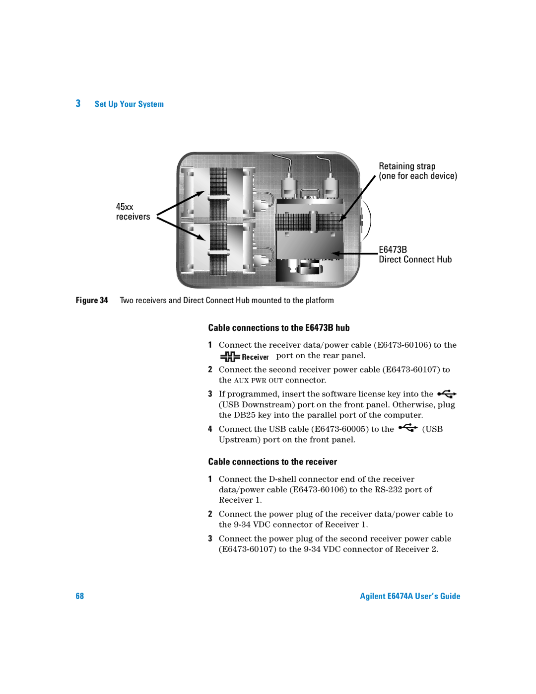 Agilent Technologies Agilent E6474A manual Cable connections to the E6473B hub, Cable connections to the receiver 