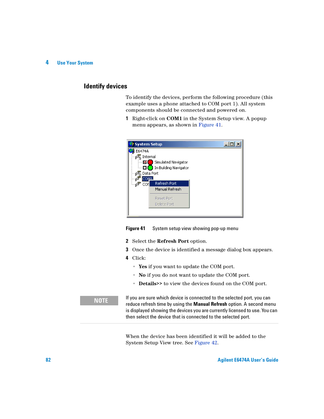 Agilent Technologies Agilent E6474A manual Identify devices, System setup view showing pop-up menu 