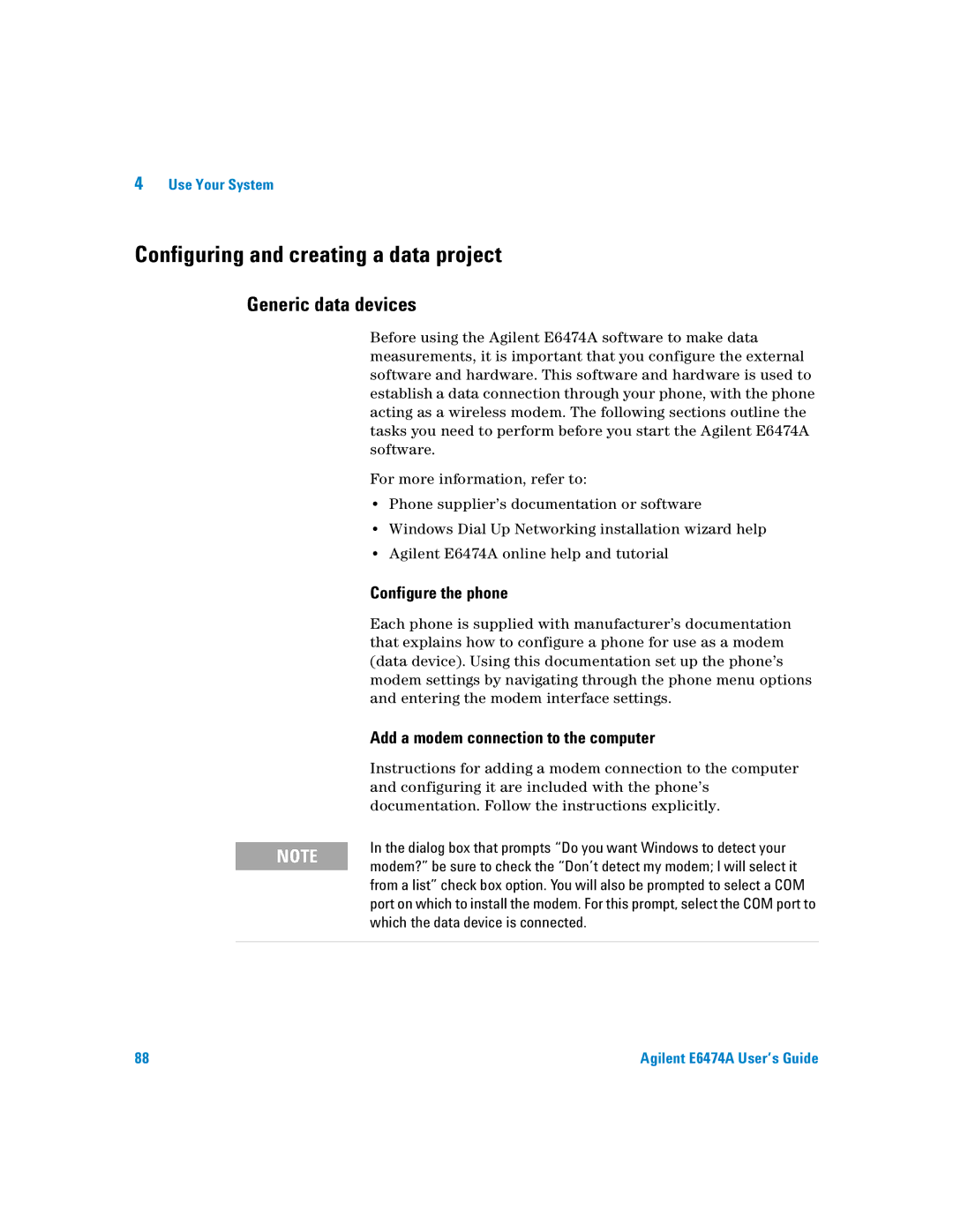 Agilent Technologies Agilent E6474A Configuring and creating a data project, Generic data devices, Configure the phone 