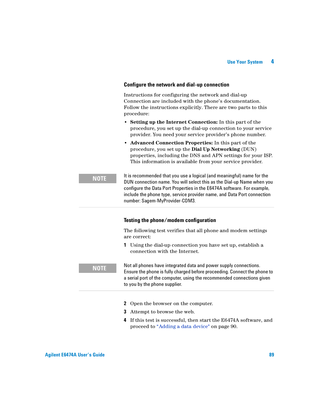 Agilent Technologies Agilent E6474A Configure the network and dial-up connection, Testing the phone/modem configuration 