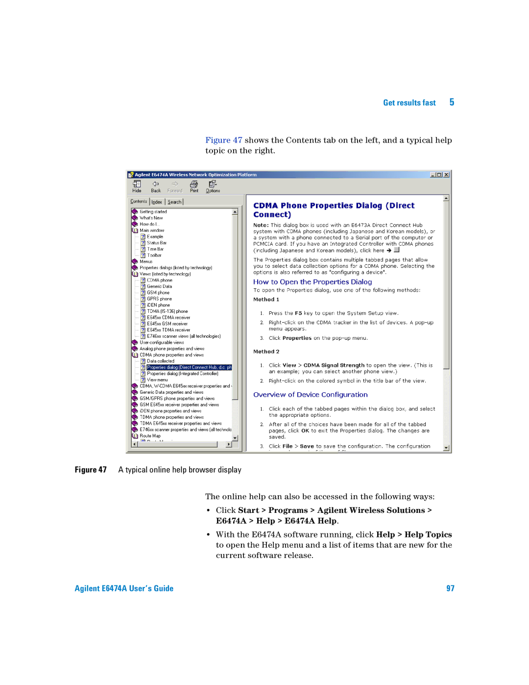 Agilent Technologies Agilent E6474A manual Typical online help browser display 