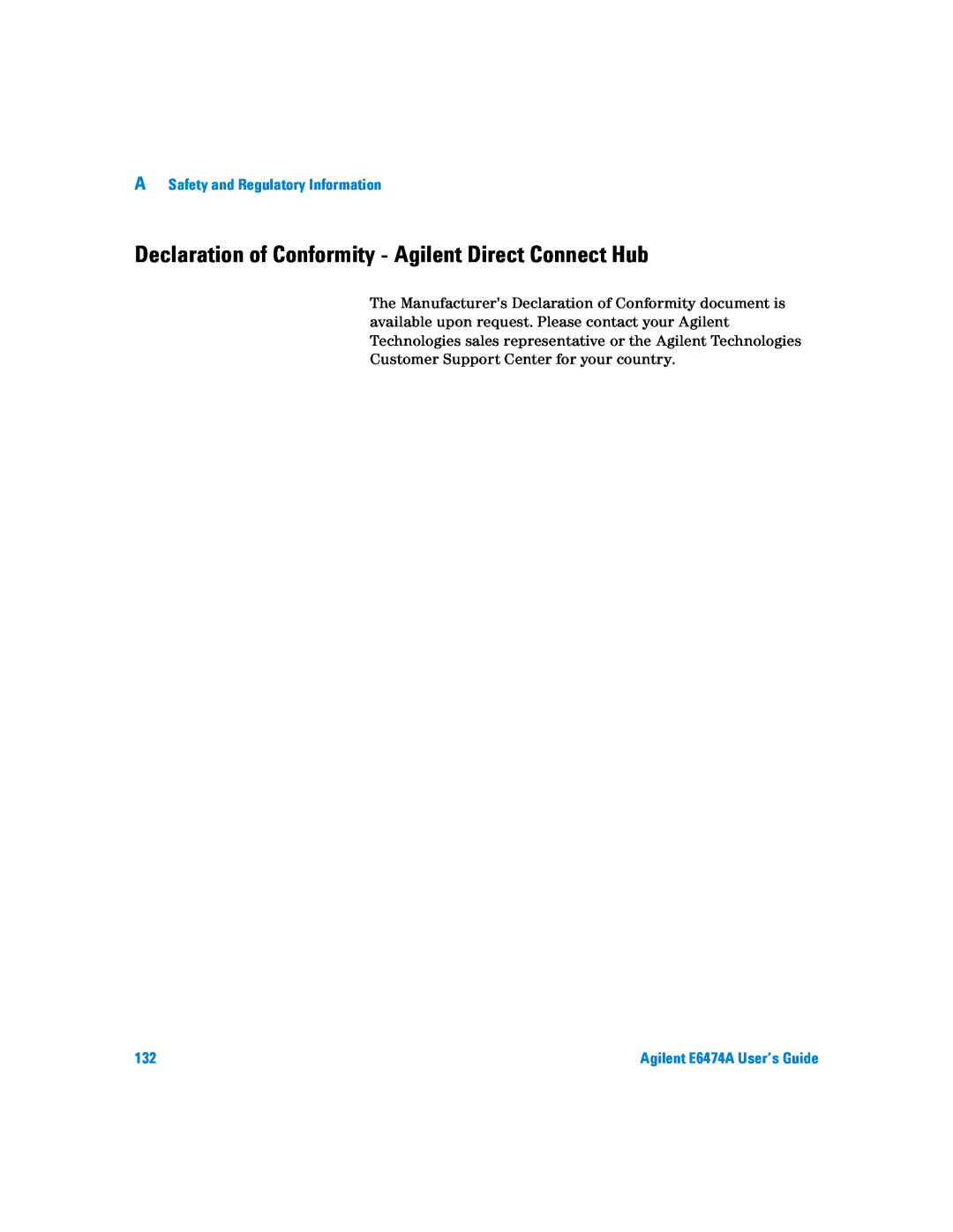 Agilent Technologies manual Declaration of Conformity - Agilent Direct Connect Hub, Agilent E6474A User’s Guide 