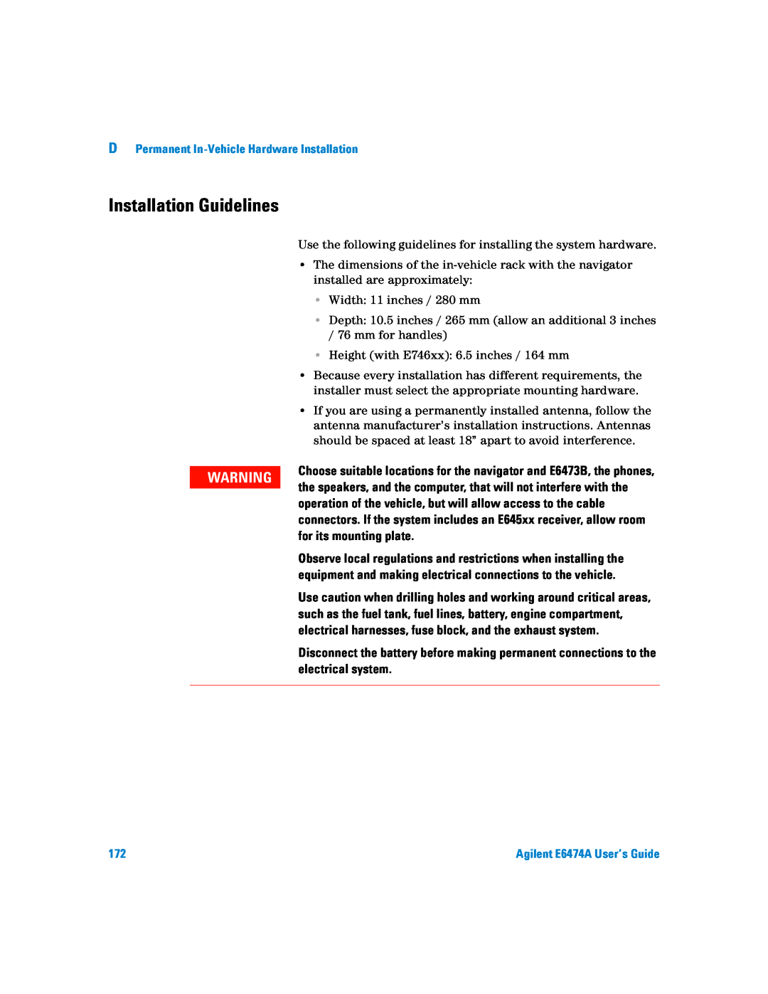 Agilent Technologies Agilent E6474A manual Installation Guidelines, D Permanent In-Vehicle Hardware Installation 