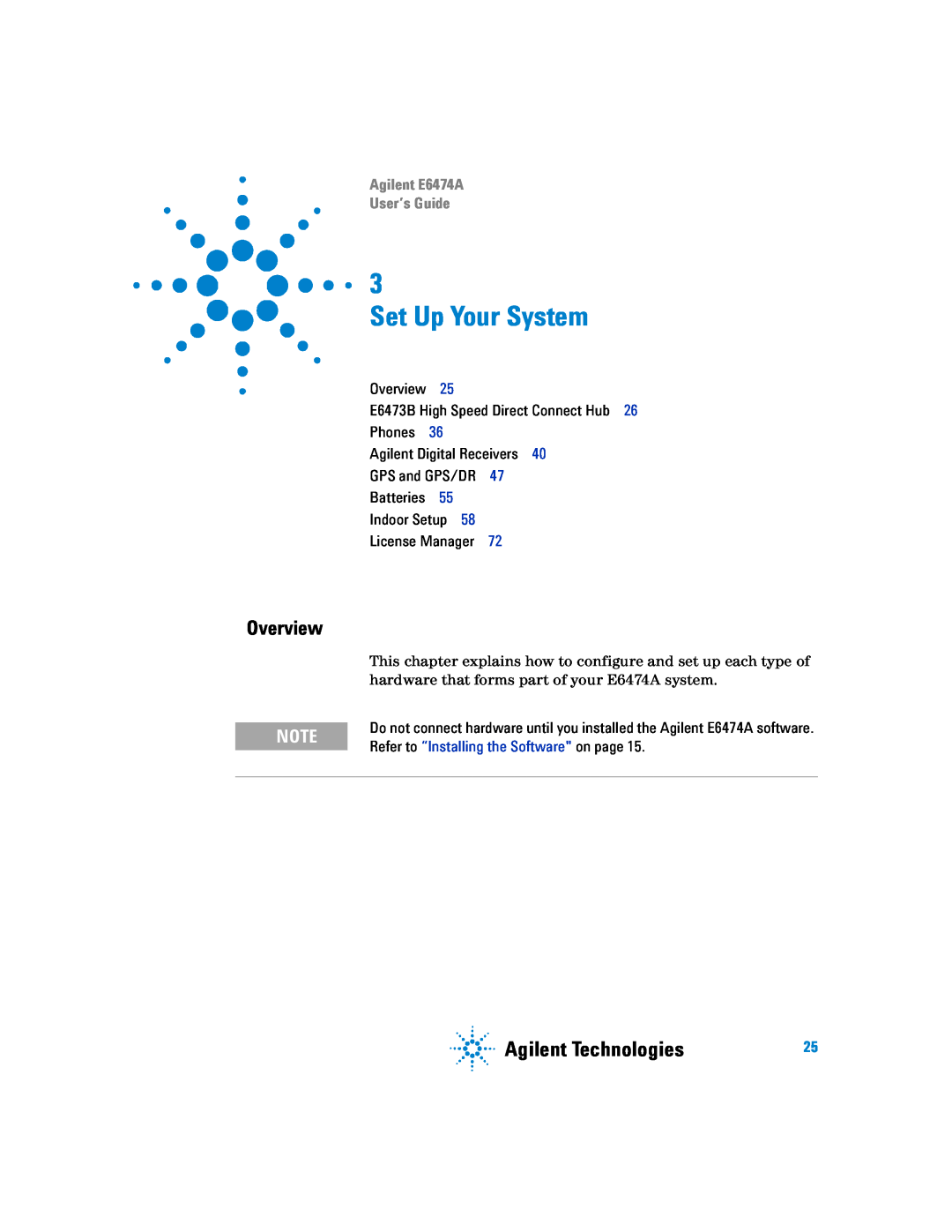 Agilent Technologies manual Set Up Your System, Overview, Agilent Technologies, Agilent E6474A User’s Guide, Batteries 