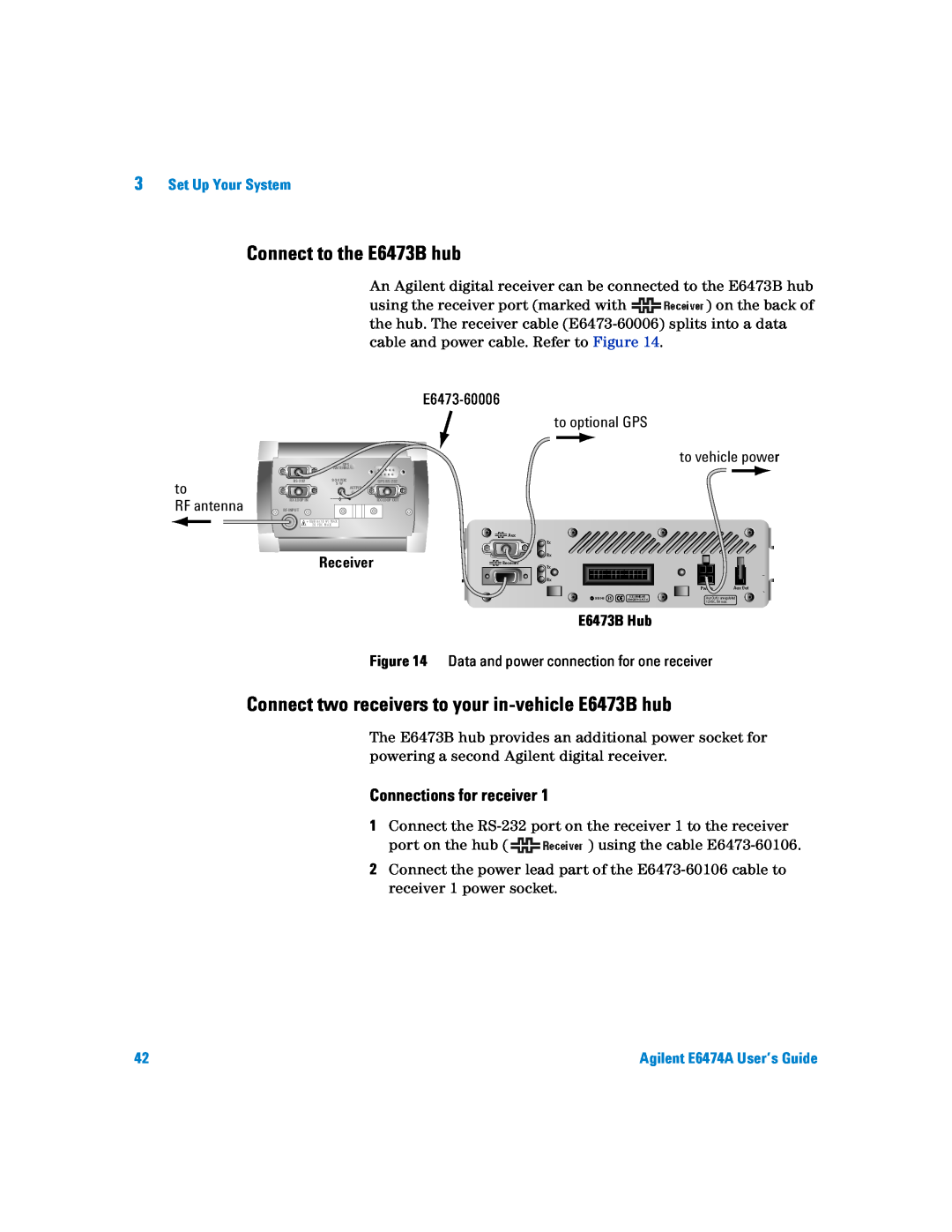 Agilent Technologies Agilent E6474A manual Connect to the E6473B hub, Connect two receivers to your in-vehicle E6473B hub 