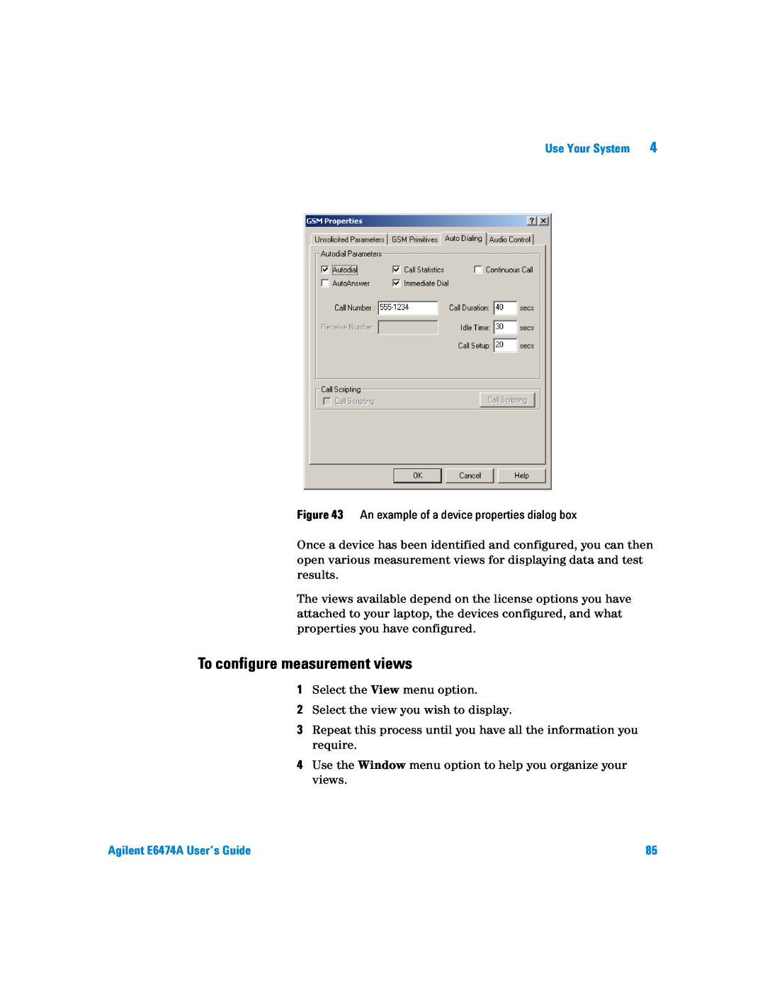 Agilent Technologies Agilent E6474A manual To configure measurement views, An example of a device properties dialog box 