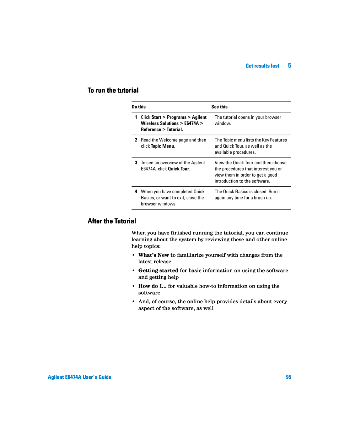 Agilent Technologies manual To run the tutorial, After the Tutorial, Agilent E6474A User’s Guide 