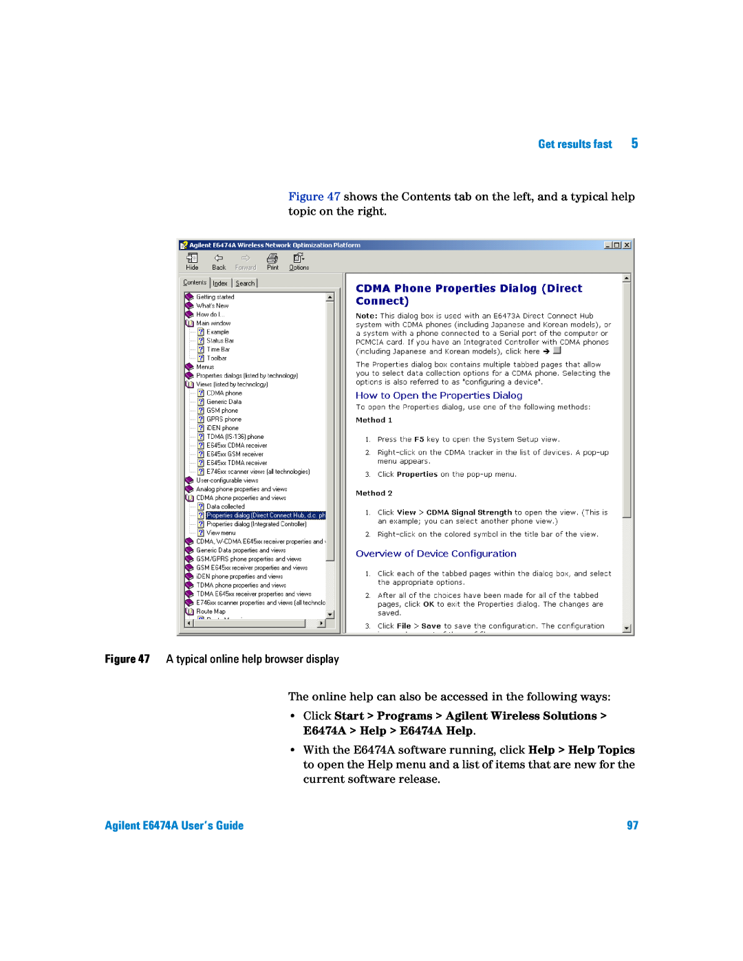 Agilent Technologies manual A typical online help browser display, Agilent E6474A User’s Guide 
