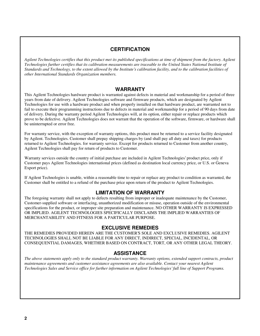 Agilent Technologies AGILENT MODELS 6023A and 6028A service manual Certification 