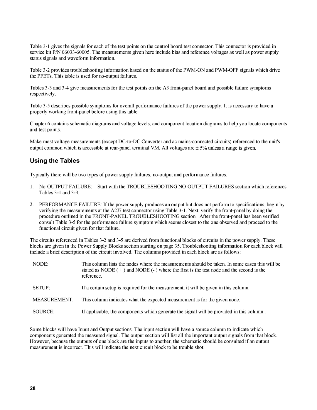 Agilent Technologies AGILENT MODELS 6023A and 6028A service manual Using the Tables, Node, Setup, Measurement, Source 