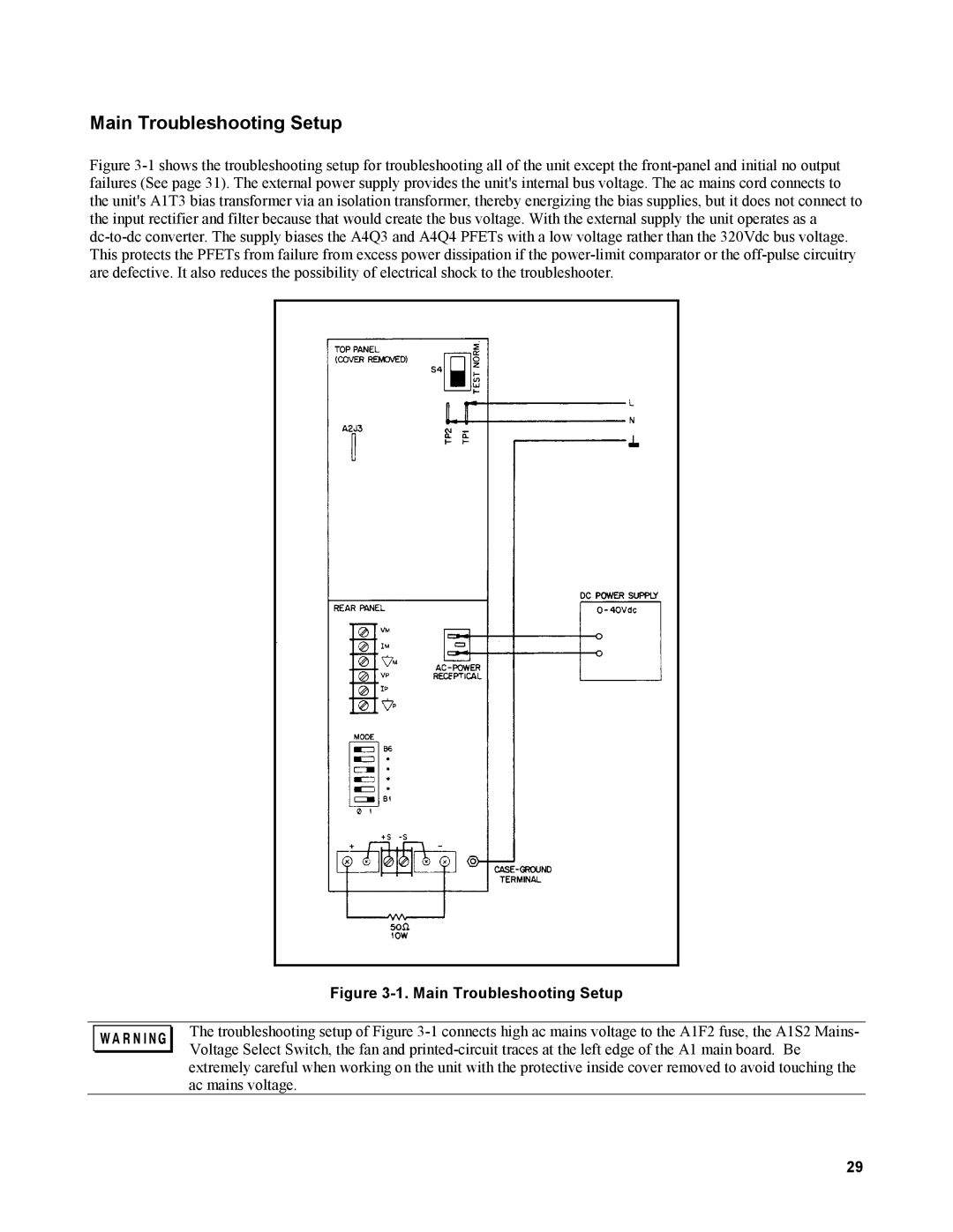 Agilent Technologies AGILENT MODELS 6023A and 6028A service manual Main Troubleshooting Setup 