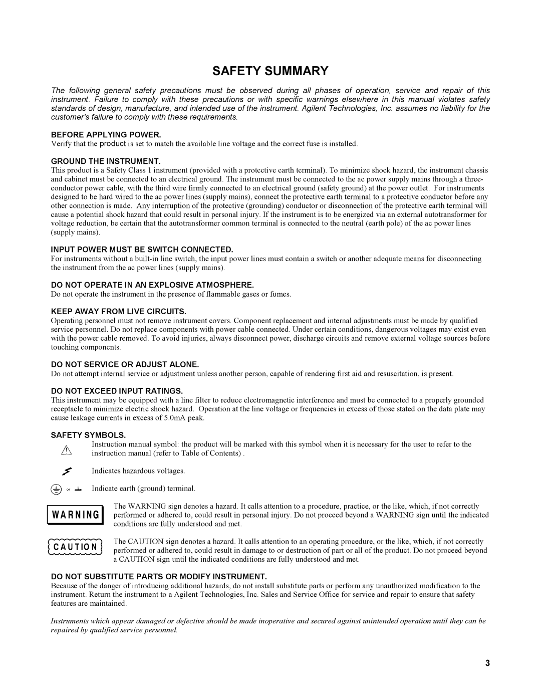 Agilent Technologies AGILENT MODELS 6023A and 6028A service manual Safety Summary 