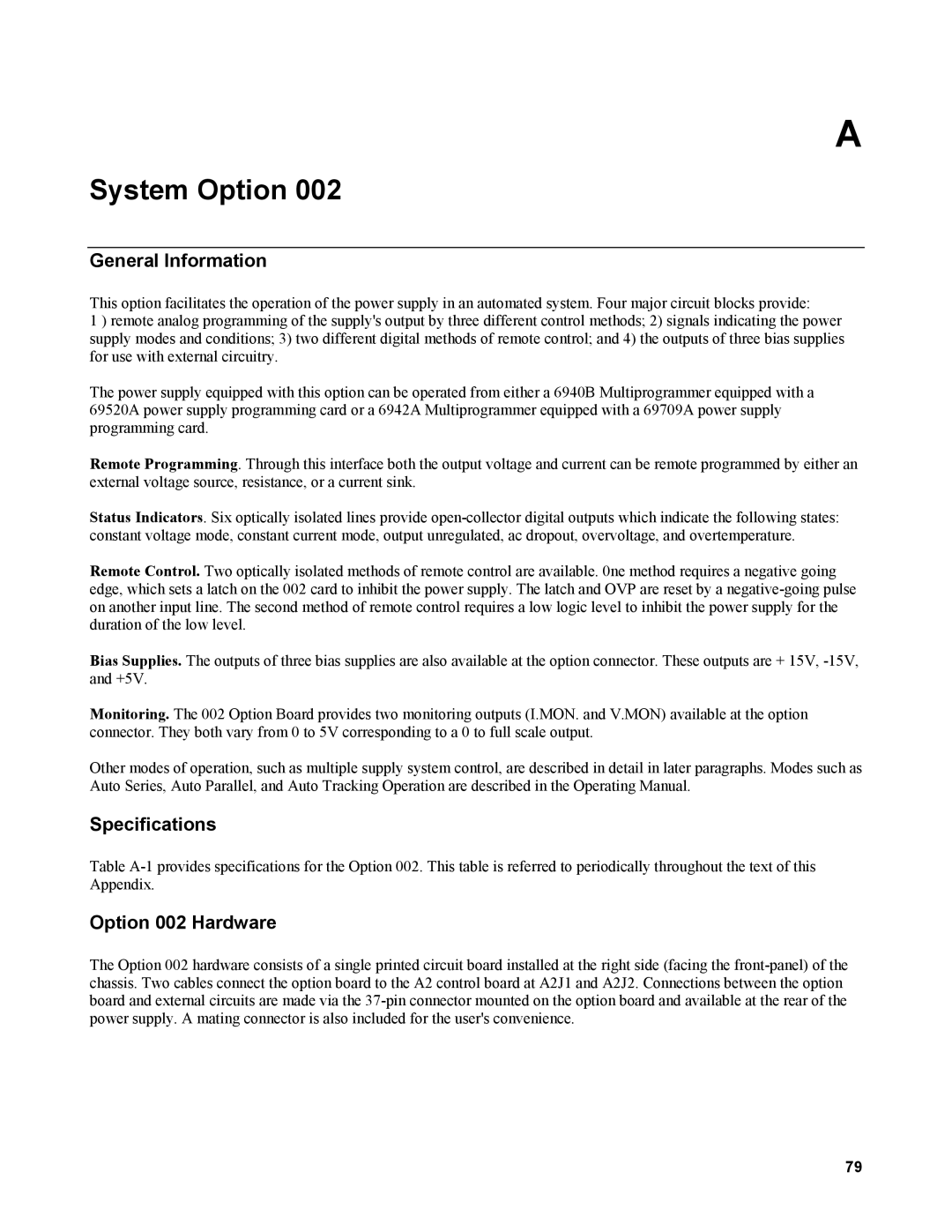 Agilent Technologies AGILENT MODELS 6023A and 6028A service manual General Information, Specifications, Option 002 Hardware 