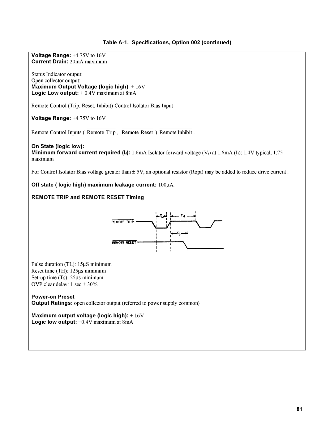 Agilent Technologies AGILENT MODELS 6023A and 6028A service manual Maximum Output Voltage logic high +, On State logic low 