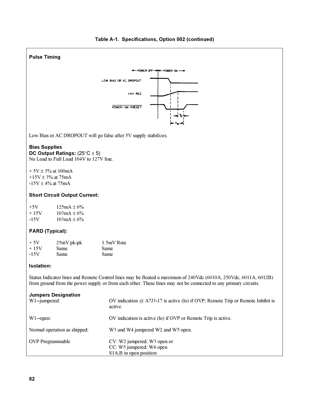 Agilent Technologies AGILENT MODELS 6023A and 6028A Table A-1. Specifications, Option Pulse Timing, Pard Typical 