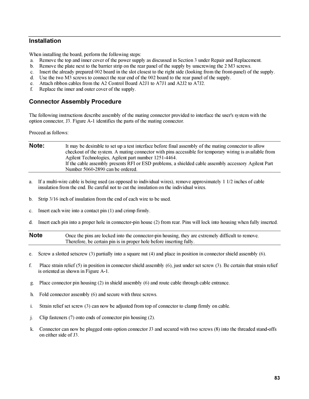 Agilent Technologies AGILENT MODELS 6023A and 6028A service manual Installation, Connector Assembly Procedure 