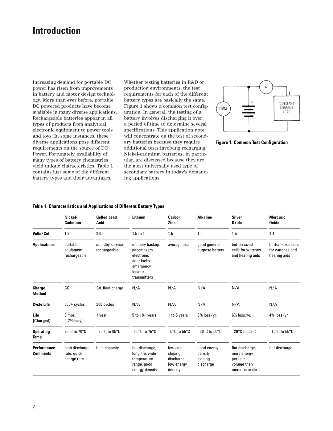 Agilent Technologies AN 372-2 manual Introduction, Characteristics and Applications of Different Battery Types 