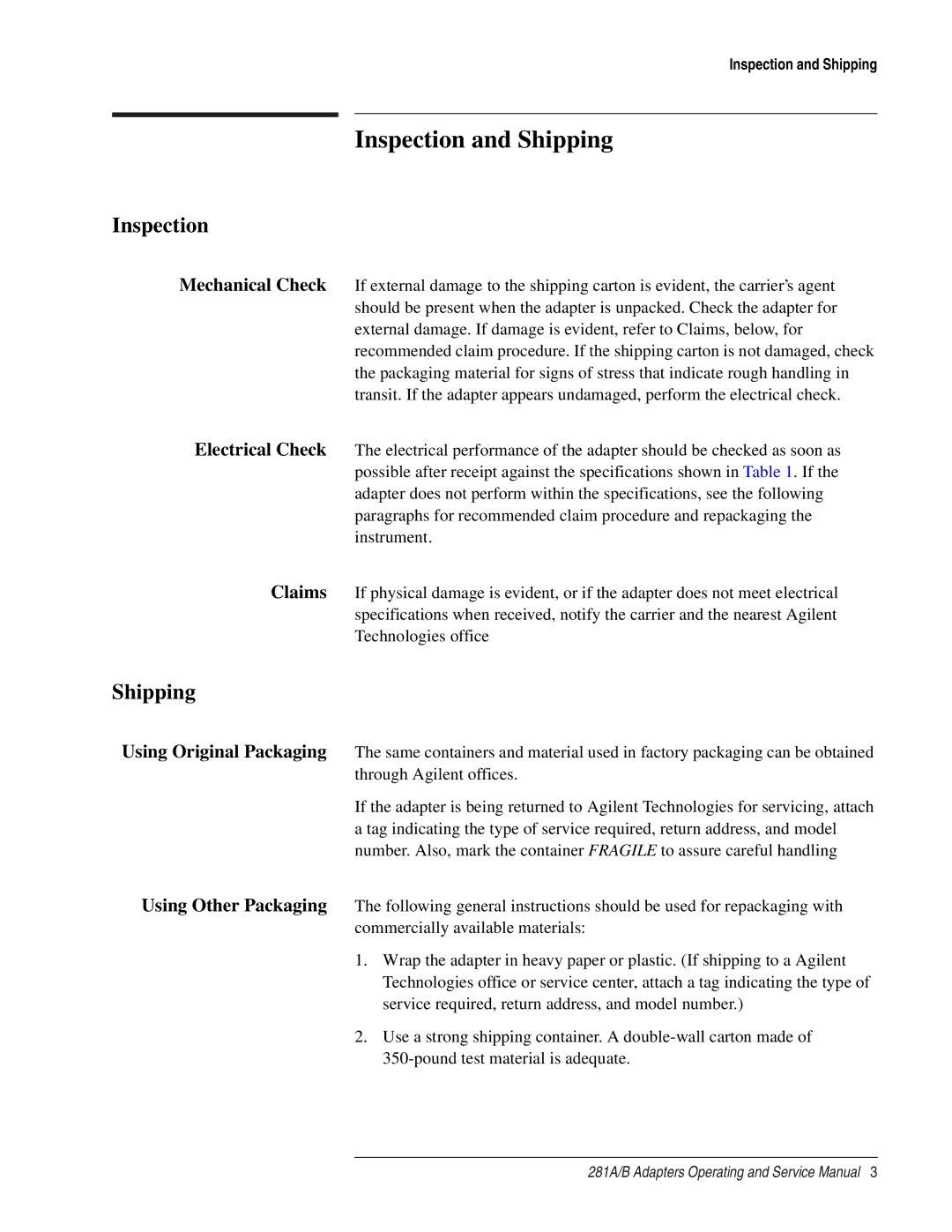 Agilent Technologies 281 A, B service manual Inspection and Shipping 