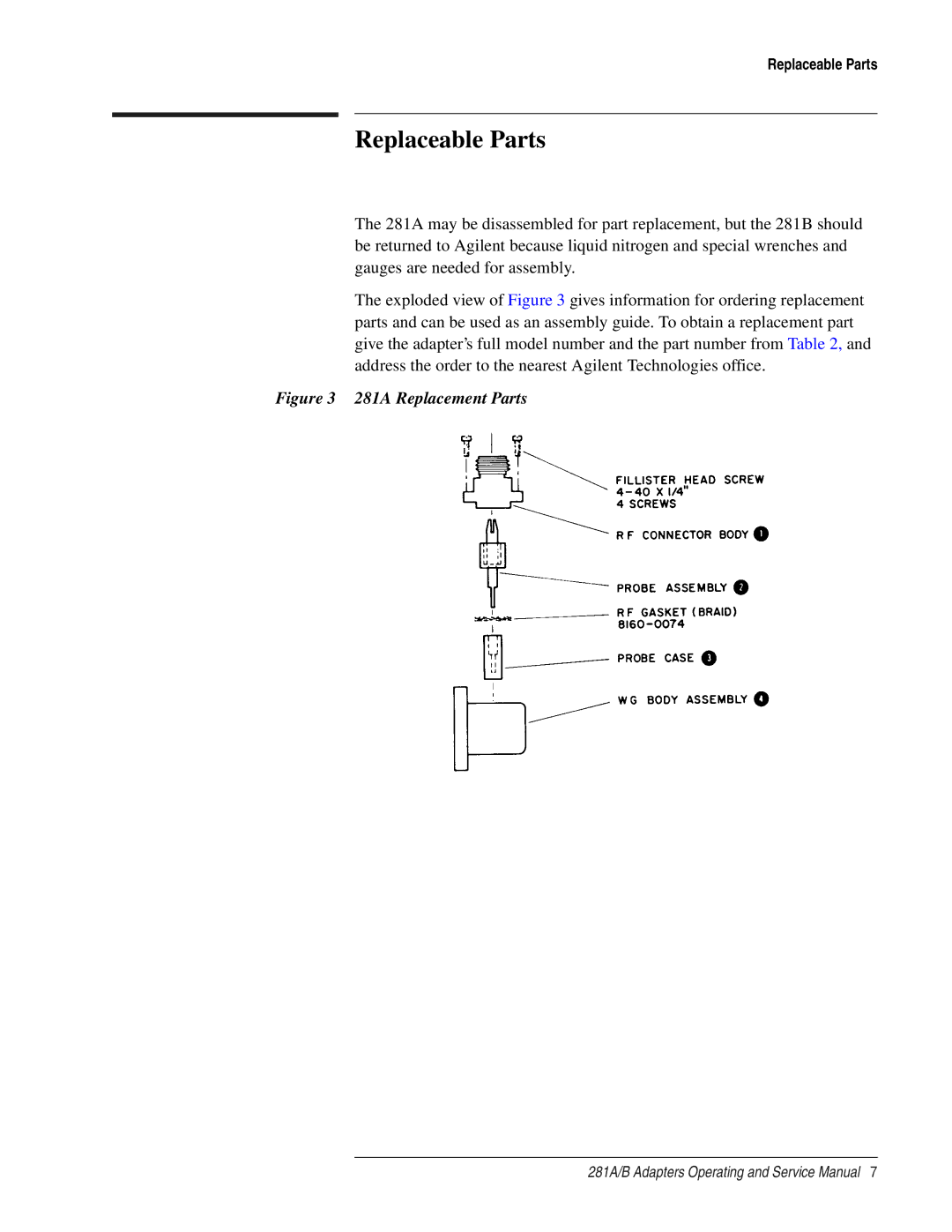 Agilent Technologies 281 A, B service manual Replaceable Parts, 281A Replacement Parts 