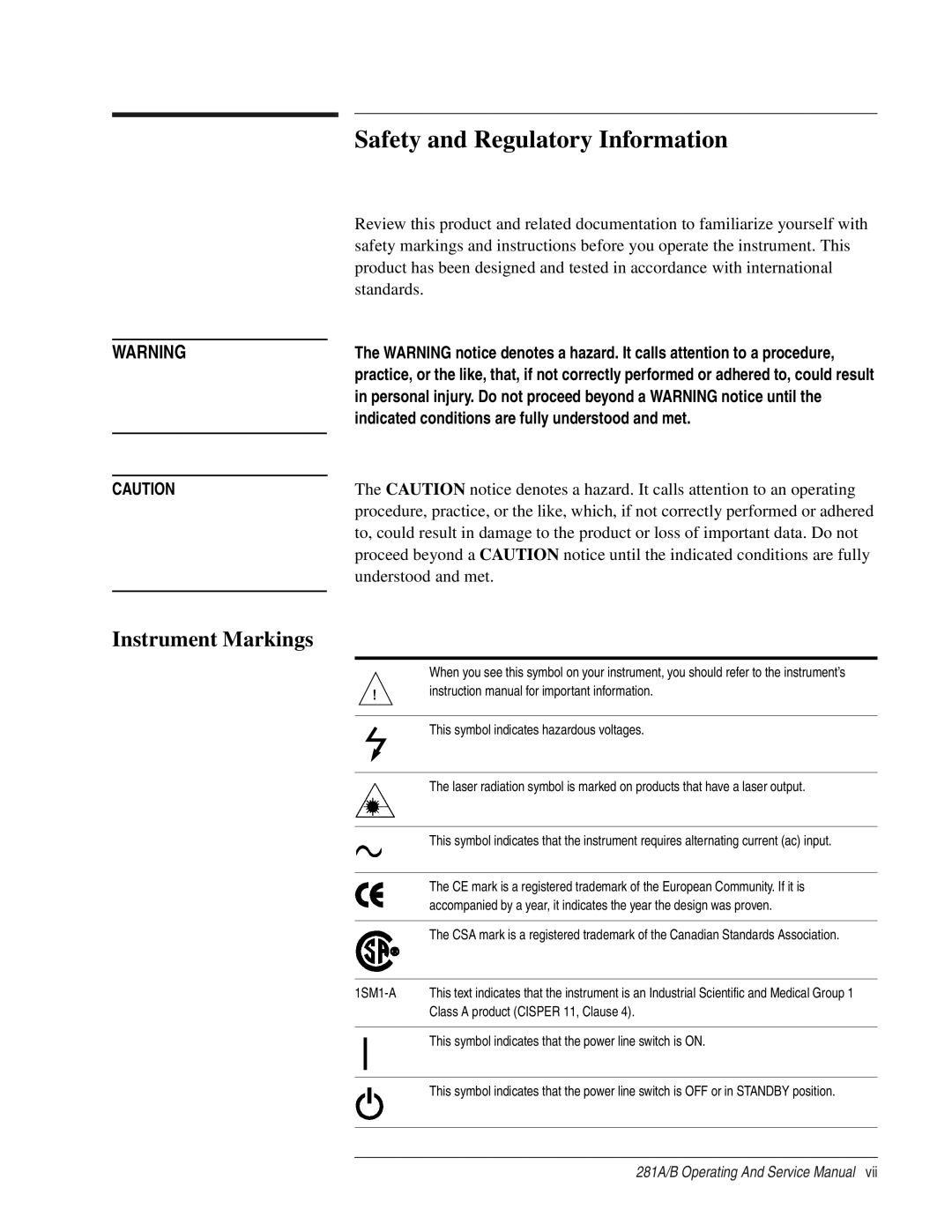 Agilent Technologies 281 A, B service manual Safety and Regulatory Information, Instrument Markings 