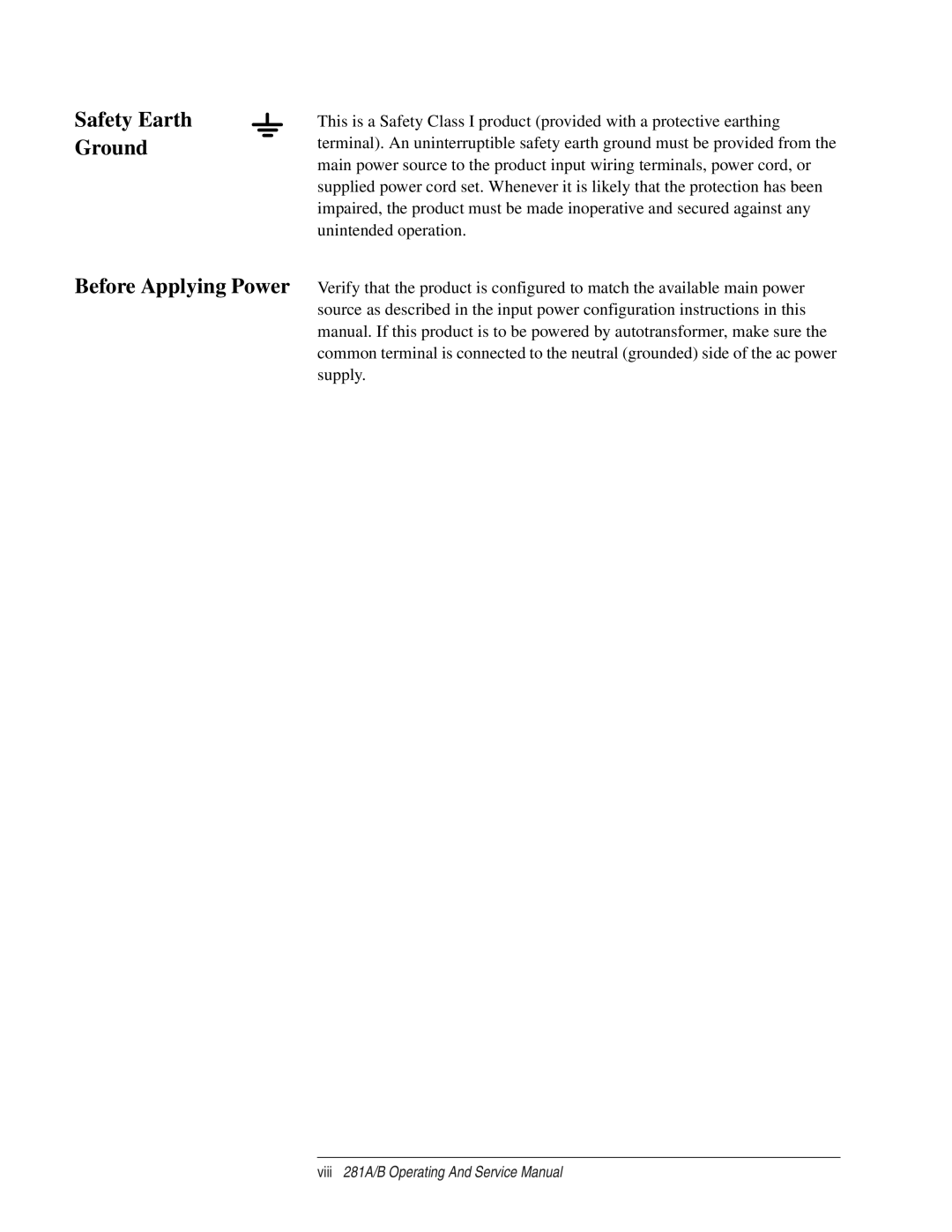 Agilent Technologies B, 281 A service manual Safety Earth Ground 