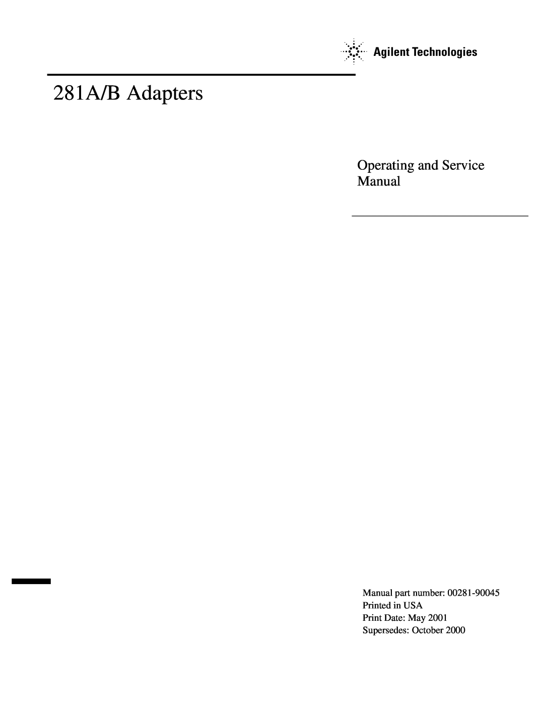 Agilent Technologies 281 A service manual 281A/B Adapters 