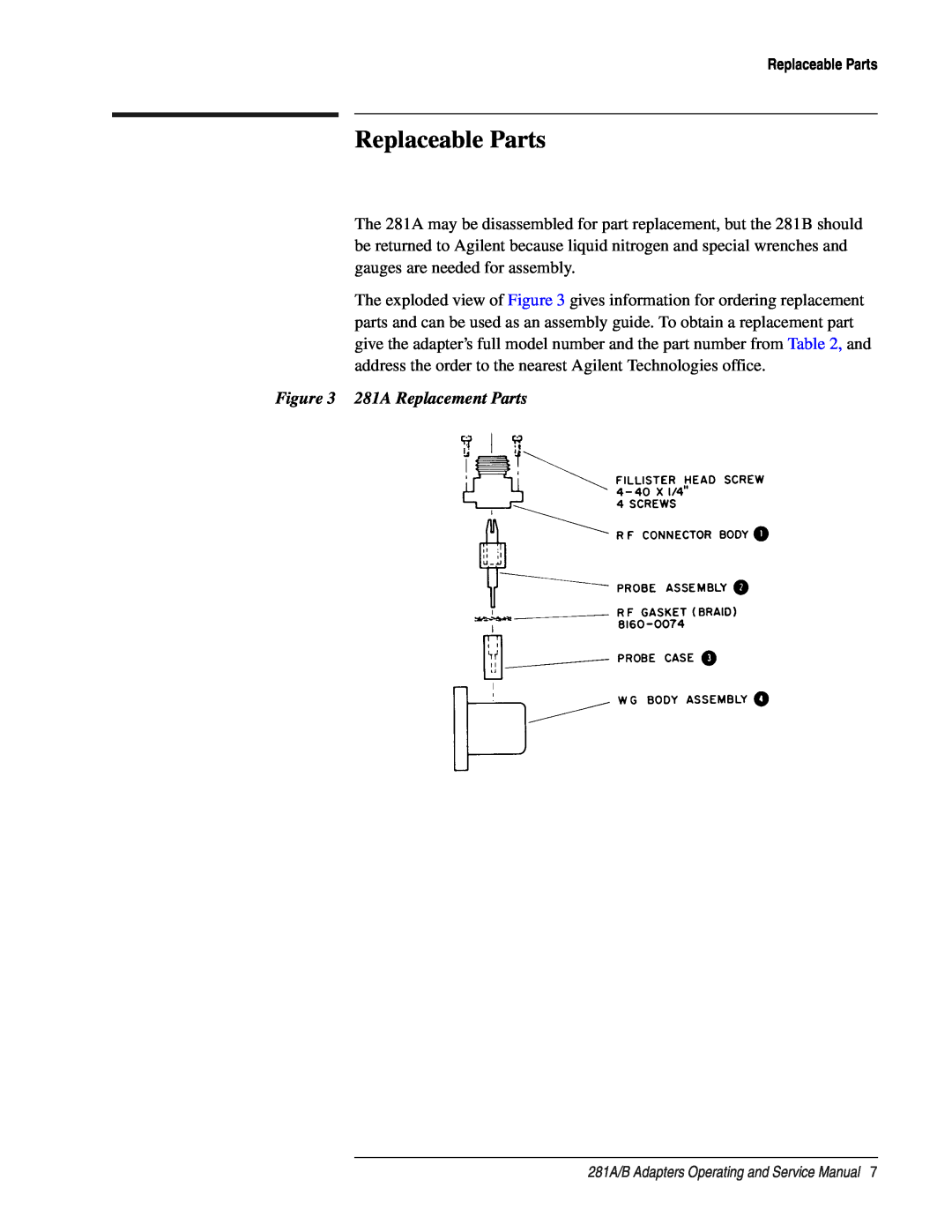 Agilent Technologies 281 A, B service manual Replaceable Parts, 281A Replacement Parts 
