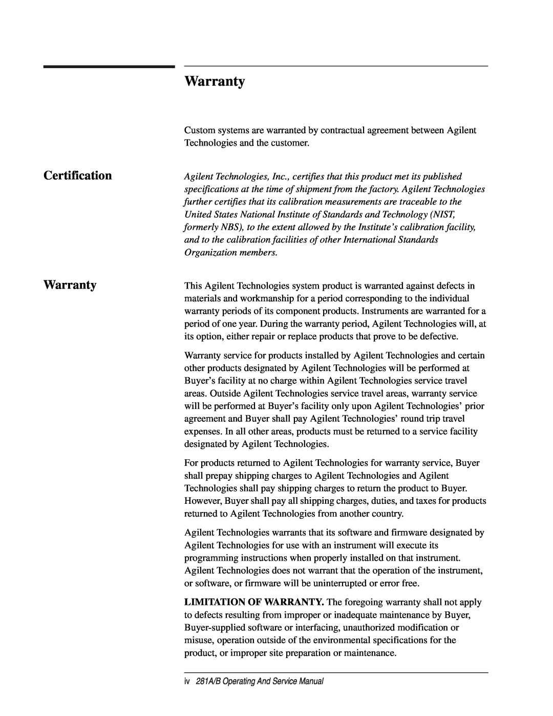 Agilent Technologies B, 281 A service manual Certification Warranty 