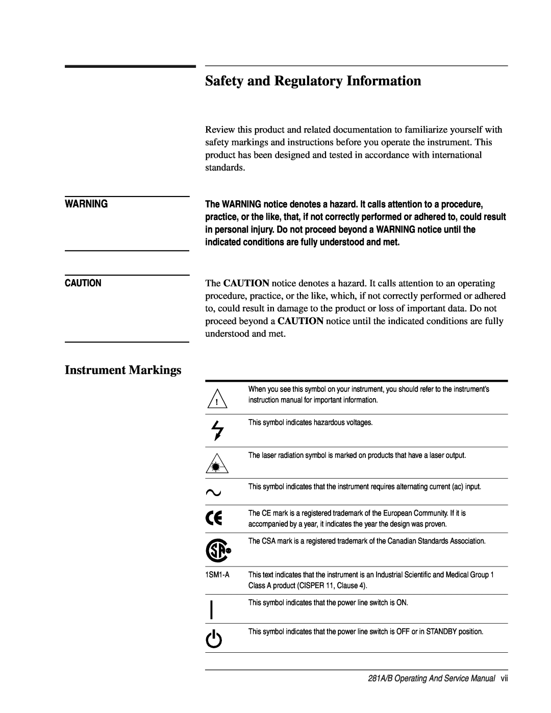 Agilent Technologies 281 A, B service manual Safety and Regulatory Information, Instrument Markings 