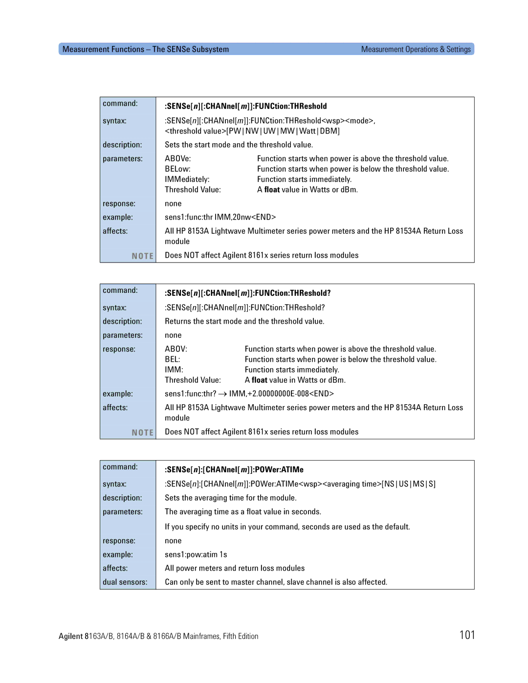 Agilent Technologies 8166A, B, 8163A, 8164A manual 101, SENSenCHANnelmFUNCtionTHReshold?, SENSenCHANnelmPOWerATIMe 