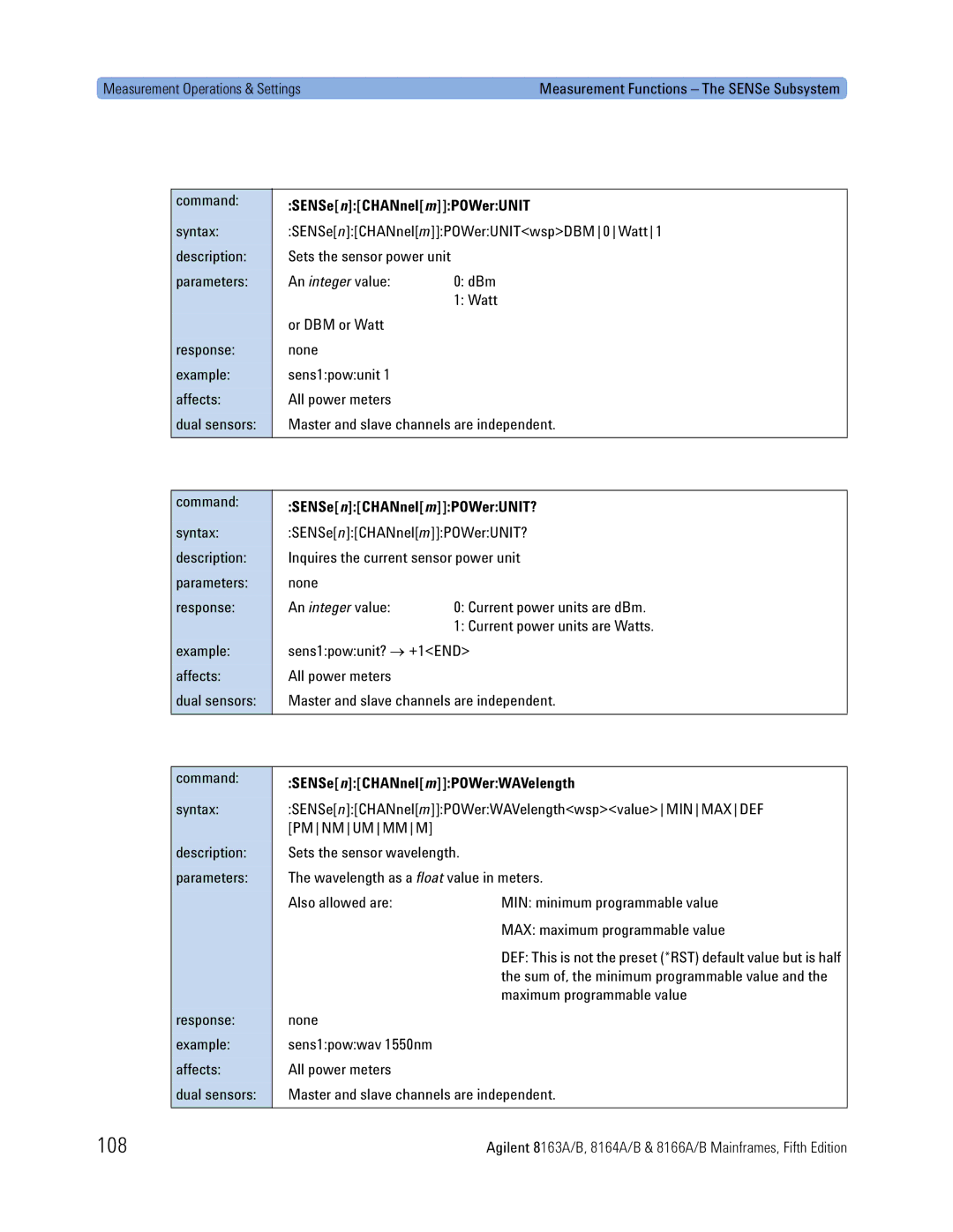 Agilent Technologies B 108, SENSe nCHANnel mPOWerUNIT, SENSenCHANnelmPOWerUNIT?, SENSenCHANnelmPOWerWAVelength, Pmnmummmm 