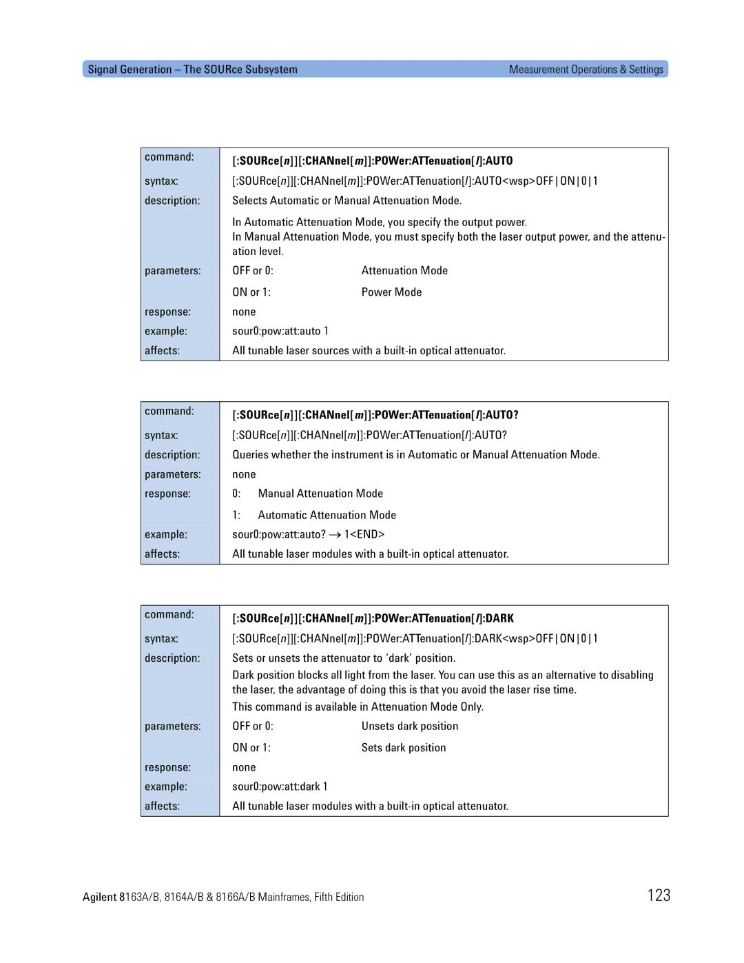 Agilent Technologies 8164A, B, 8166A 123, SOURcenCHANnelmPOWerATTenuationlAUTO?, SOURcenCHANnelmPOWerATTenuationlDARK 