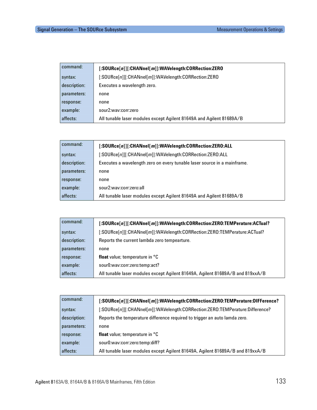 Agilent Technologies 8166A, B 133, SOURce nCHANnel mWAVelengthCORRectionZERO, SOURcenCHANnelmWAVelengthCORRectionZEROALL 
