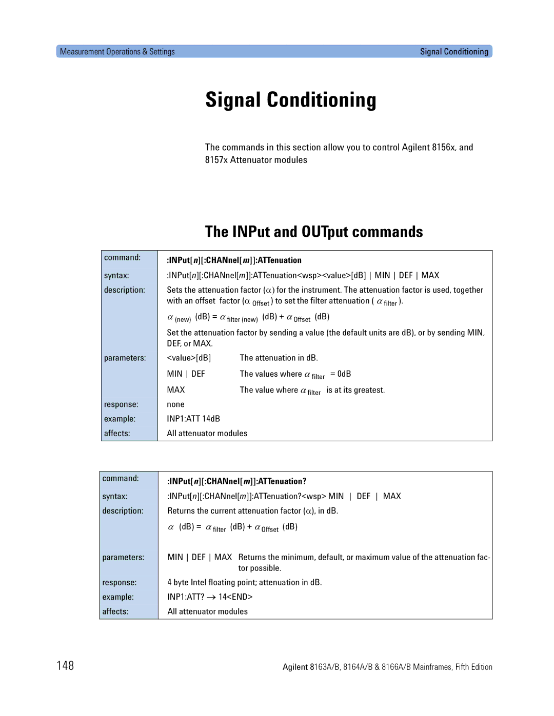 Agilent Technologies B, 8166A, 8163A, 8164A Signal Conditioning, INPut and OUTput commands, 148, INPut nCHANnel mATTenuation 