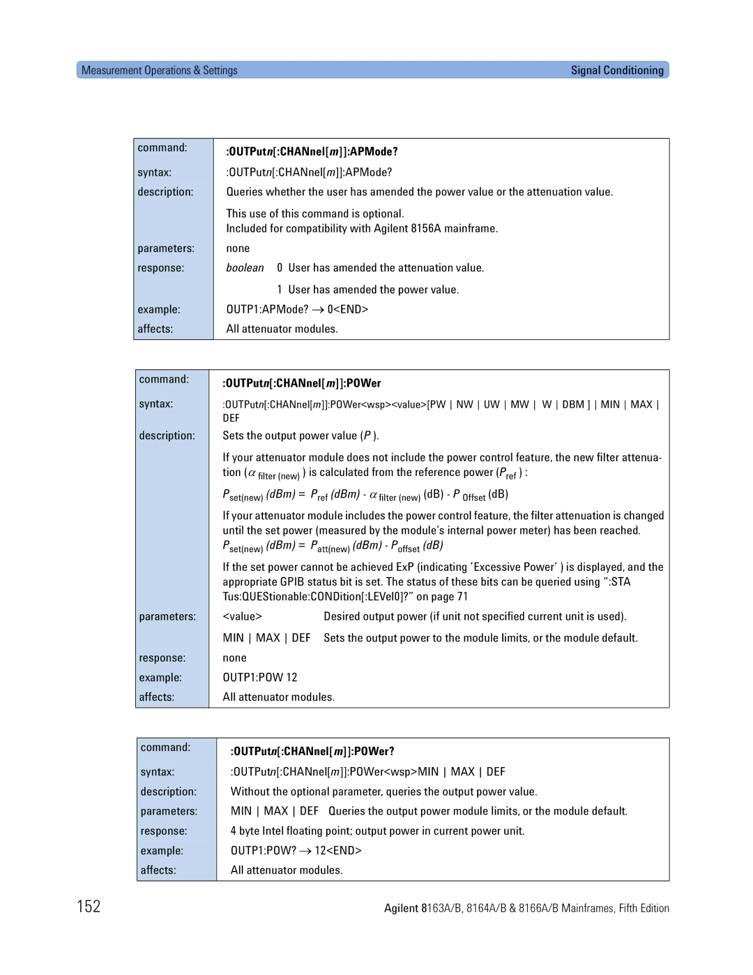 Agilent Technologies B, 8166A, 8163A, 8164A manual 152, OUTPut nCHANnel mAPMode?, OUTP1POW, OUTPutnCHANnelmPOWer? 