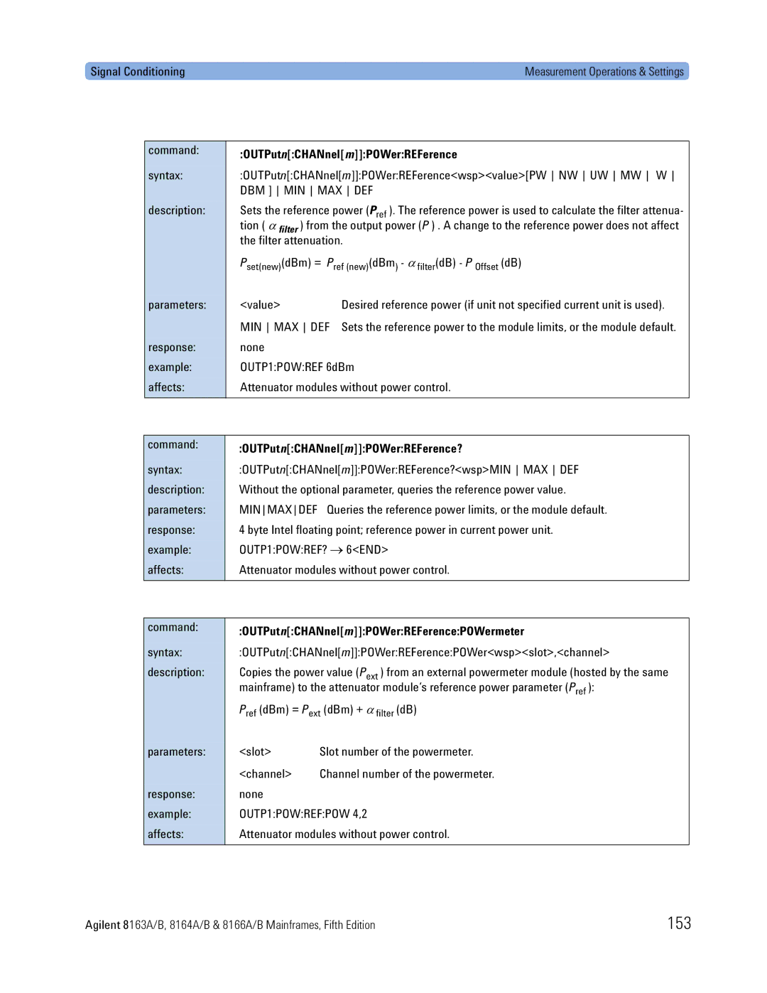 Agilent Technologies 8166A, B, 8163A, 8164A 153, OUTPutnCHANnelmPOWerREFerence?, OUTPutnCHANnelmPOWerREFerencePOWermeter 