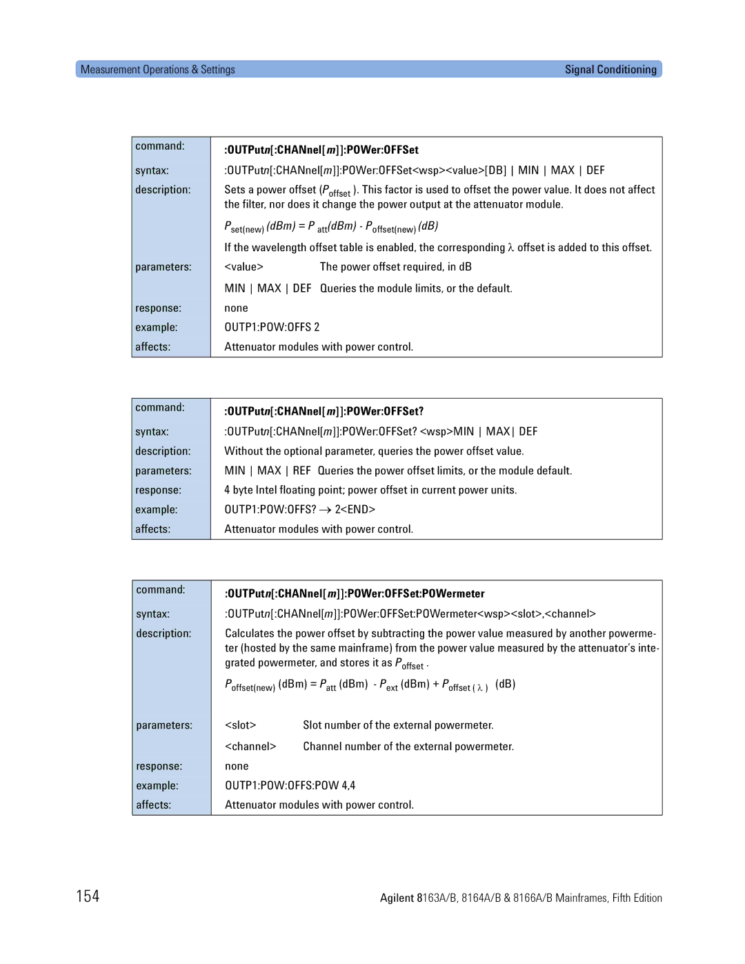 Agilent Technologies 8163A, B, 8166A, 8164A manual 154, OUTPutnCHANnelmPOWerOFFSet?, OUTPutnCHANnelmPOWerOFFSetPOWermeter 