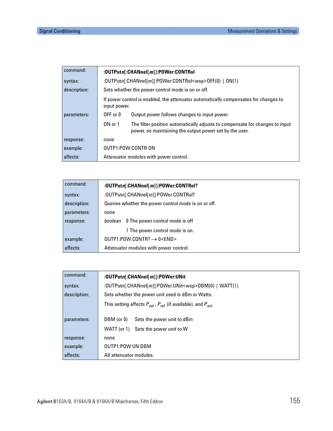 Agilent Technologies 8164A, B 155, OUTPut nCHANnel mPOWerCONTRol, OUTPutnCHANnelmPOWerCONTRol?, OUTPutnCHANnelmPOWerUNit 