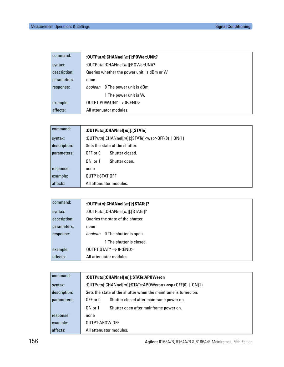 Agilent Technologies B, 8166A, 8163A, 8164A 156, OUTPut nCHANnel mPOWerUNit?, OUTPut nCHANnel mSTATe, OUTPutnCHANnelmSTATe? 