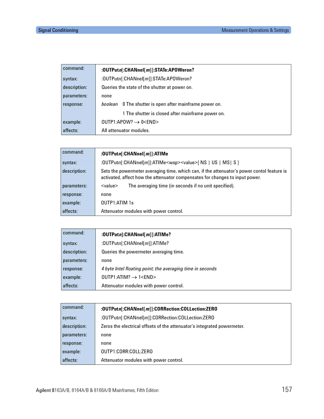 Agilent Technologies 8166A, B, 8163A, 8164A manual 157, OUTPutnCHANnelmSTATeAPOWeron?, OUTPutnCHANnelmATIMe? 