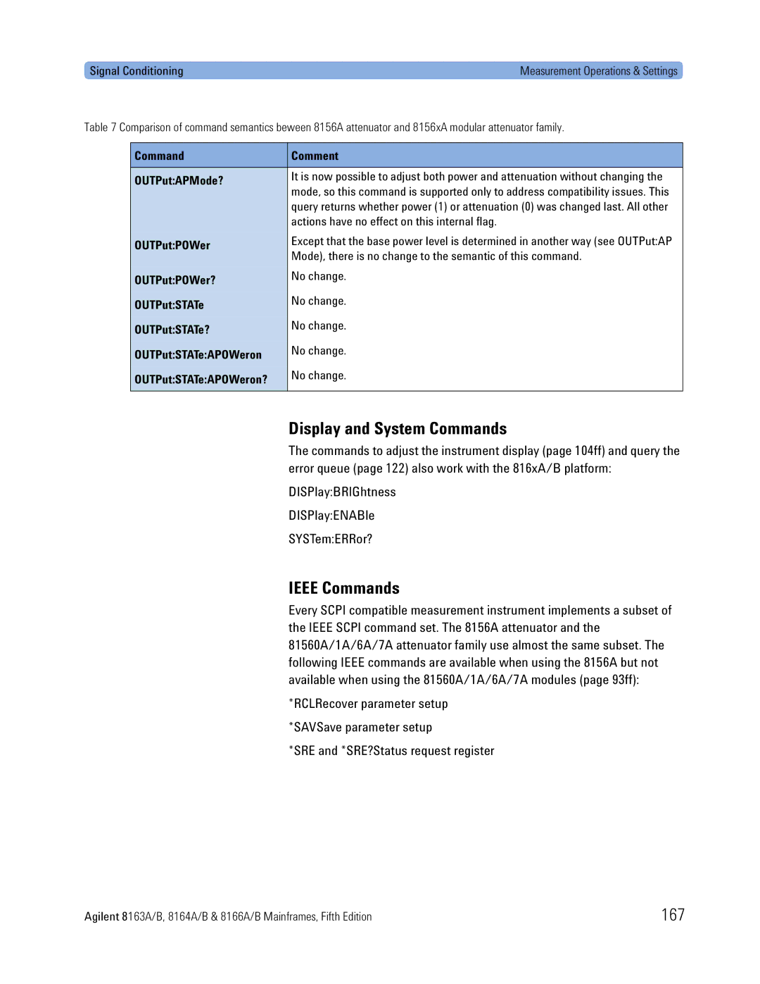 Agilent Technologies 8164A, B, 8166A, 8163A manual Display and System Commands, Ieee Commands, 167 