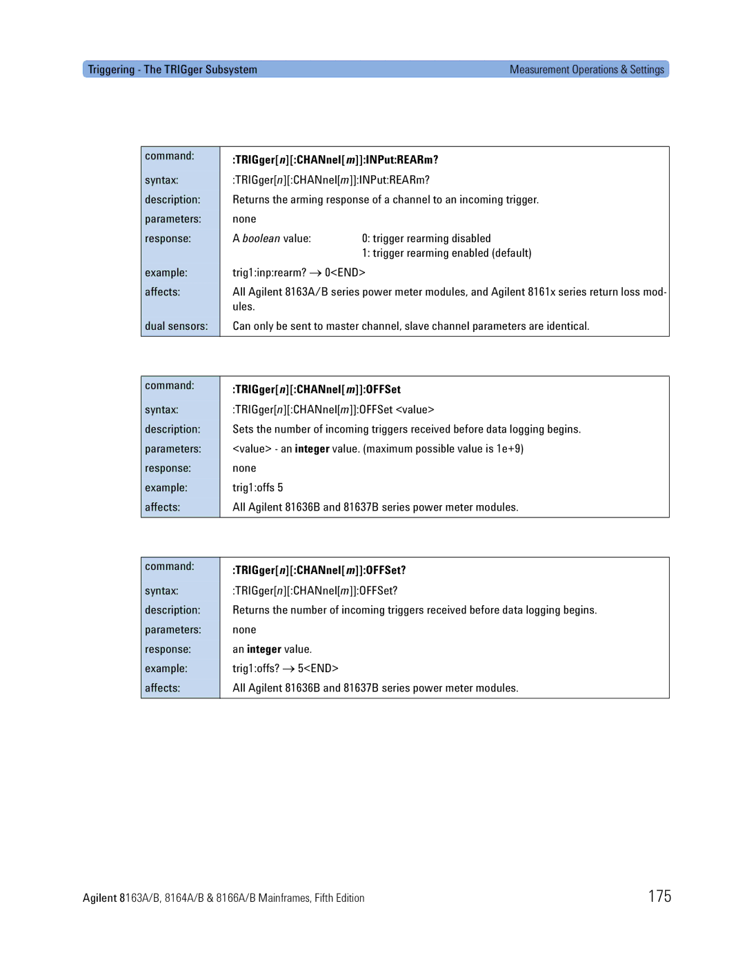 Agilent Technologies 8164A 175, TRIGger nCHANnel mINPutREARm?, TRIGgernCHANnelmOFFSet value, TRIGgernCHANnelmOFFSet? 