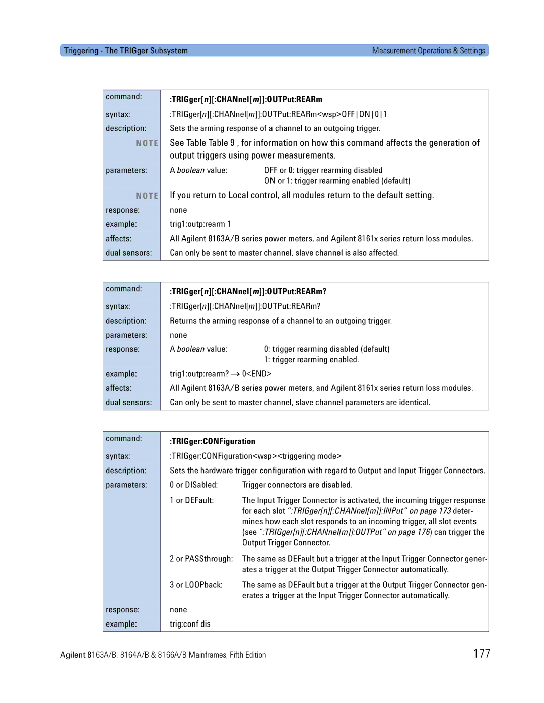 Agilent Technologies 8166A, B, 8163A, 8164A 177, Output triggers using power measurements, TRIGger nCHANnel mOUTPutREARm 