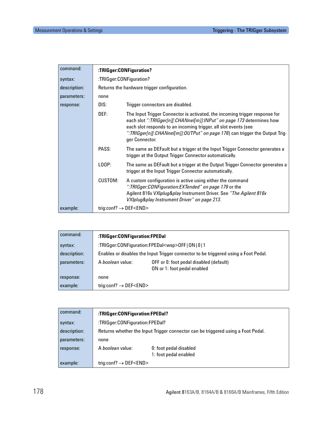 Agilent Technologies 8163A, B, 8166A, 8164A manual 178, TRIGgerCONFiguration?, TRIGgerCONFigurationFPEDal? 