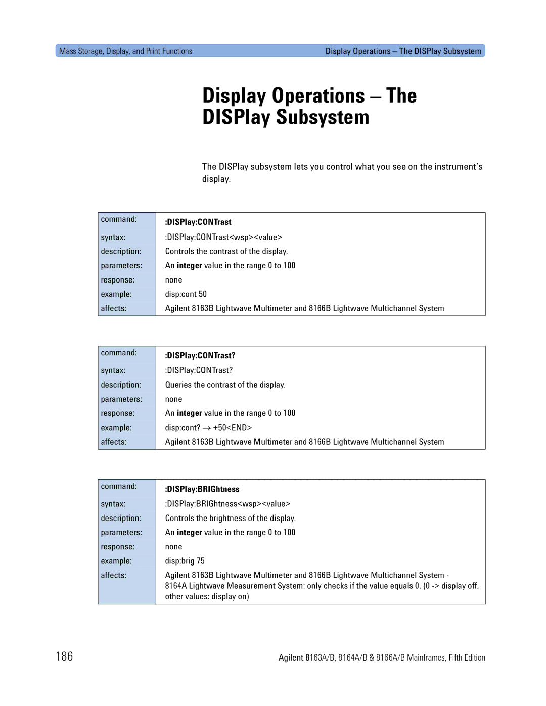 Agilent Technologies 8163A, B, 8166A, 8164A manual Display Operations, DISPlay Subsystem, 186 