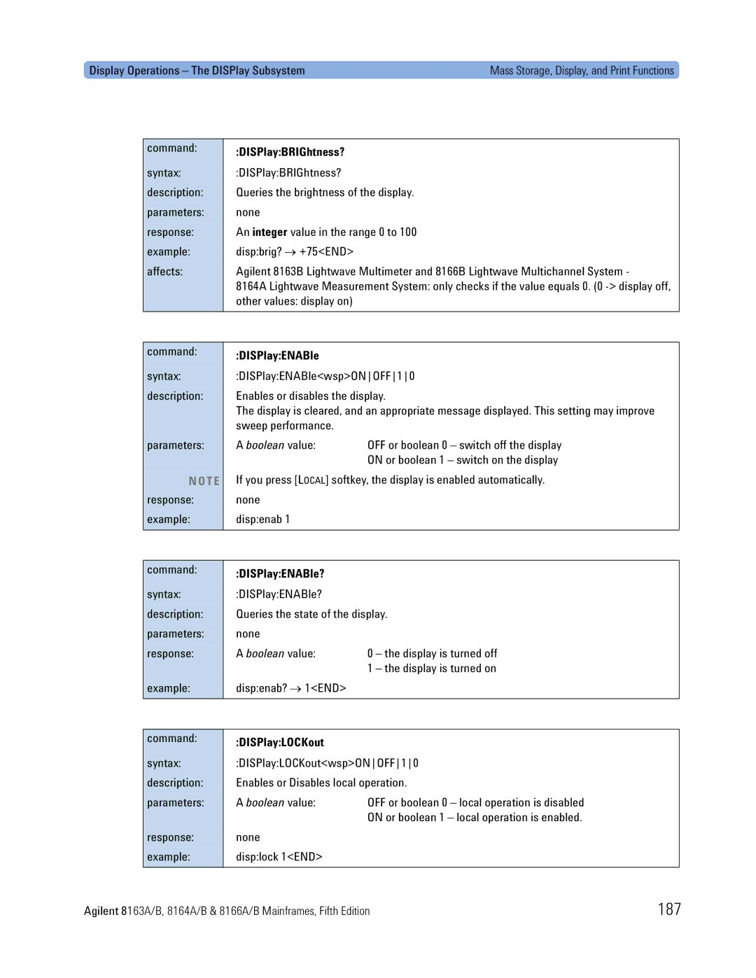Agilent Technologies 8164A, 8166A, 8163A manual 187, DISPlayBRIGhtness?, DISPlayENABle?, DISPlayLOCKout 
